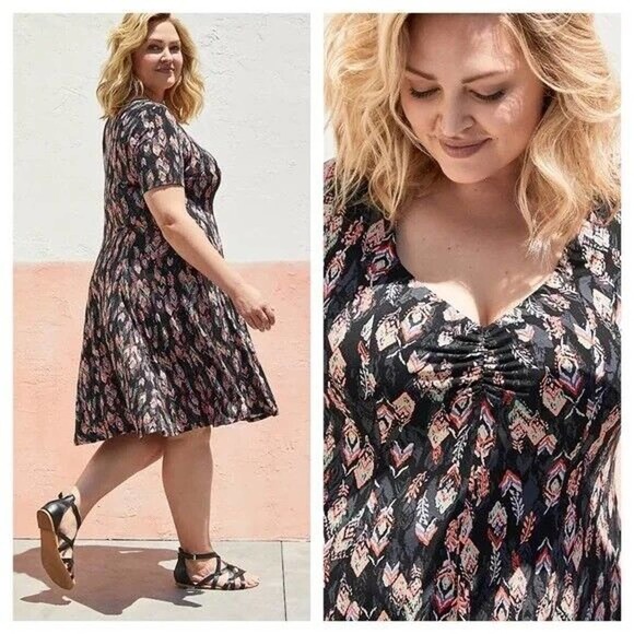 torrid Dresses & Skirts - Torrid Super Soft Knit Fluted V-neck Feather Print Dress Plus Size 2 2X H14853
